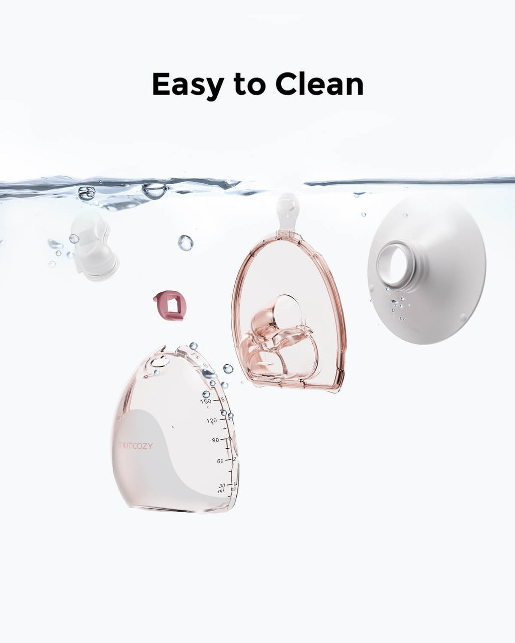 Momcozy Air 1 breast pump parts in water, showcasing easy-to-clean design with measurement markings.